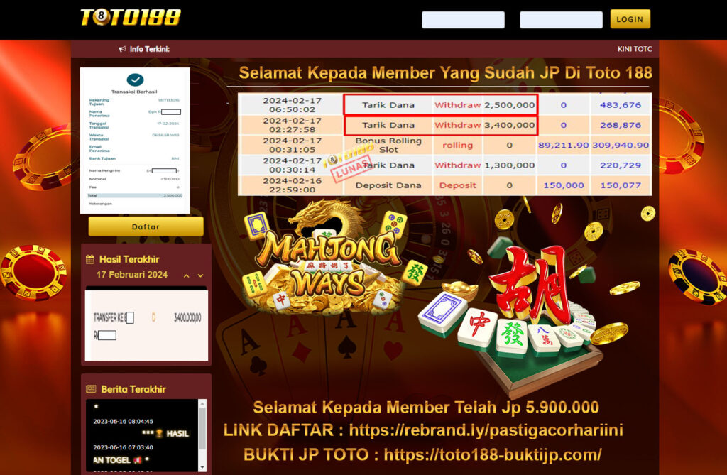 Bukti jp kemenangan toto188 mahjong ways 17 februari 2024