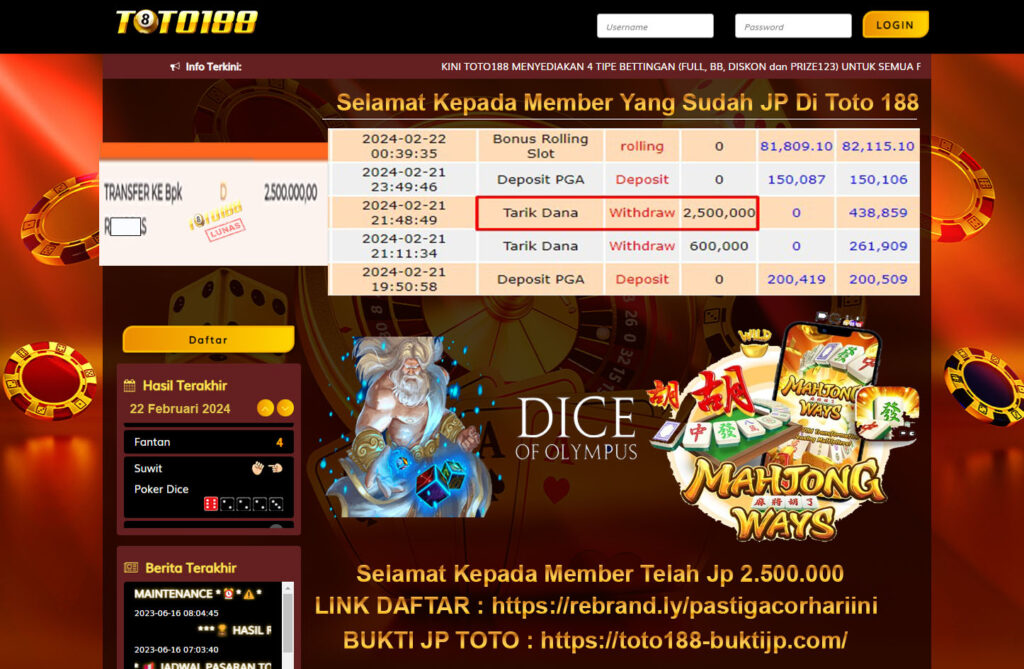 Bukti Jp Kemenangan Ttoto188 Gates of olympus & mahjong aways 21 februari 2024