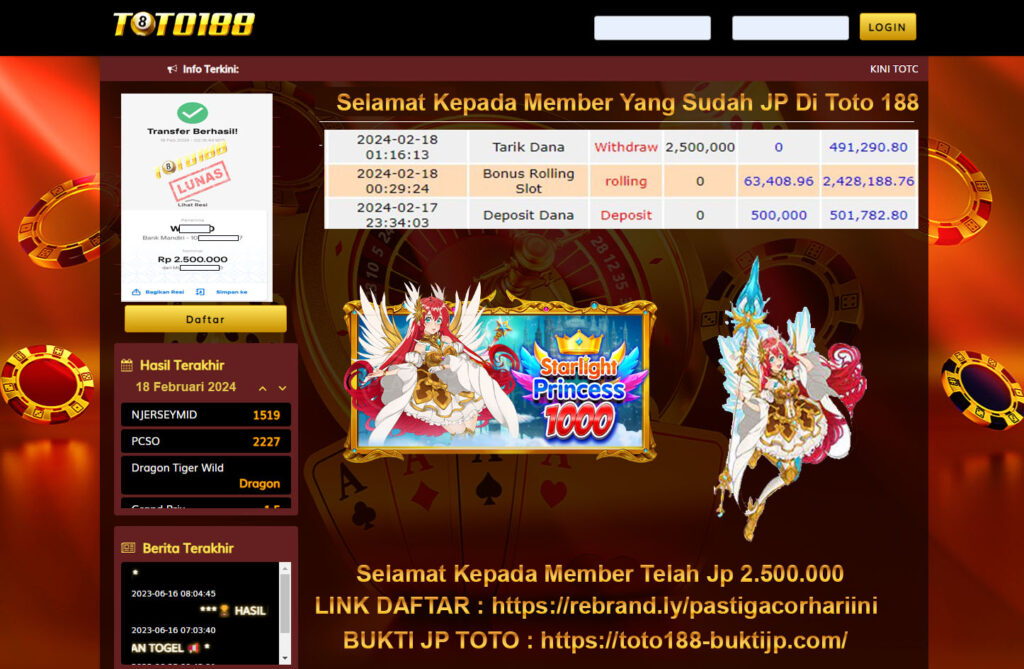 Bukti Jp Kemenangan Toto188 18 Februari 2024