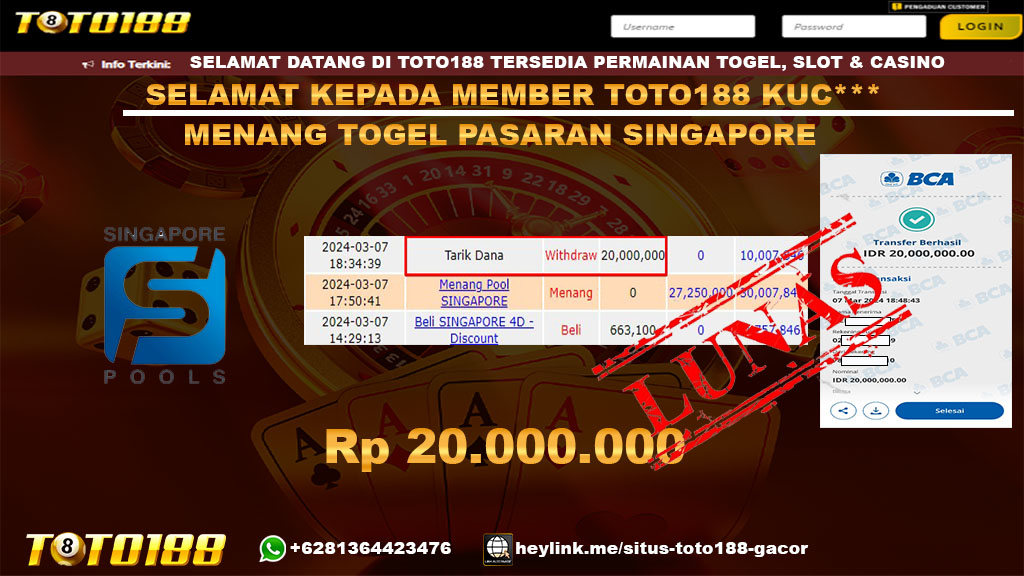 Bukti Kemenangan Toto188 Togel Pasaran Singapore 7 maret 2024