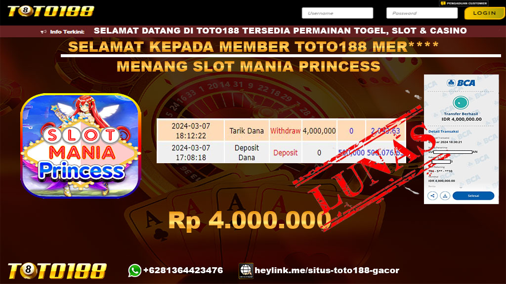 Bukti Jp Kemenangan Slot mania Princess 7 Maret 2024