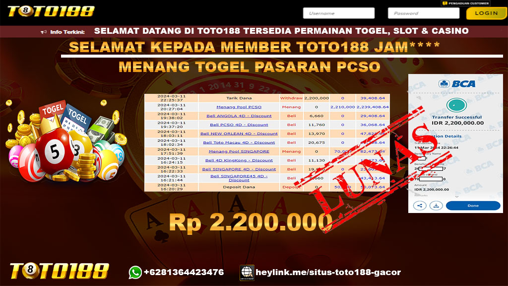 Bukti Jp Kemenangan Togel Pasaran Pcso Toto188 11 Maret 24