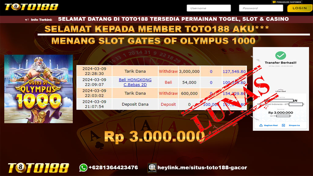 Bukti jp Kemenangan Gates Of olympus 1000 Toto188 09 Maret 2024