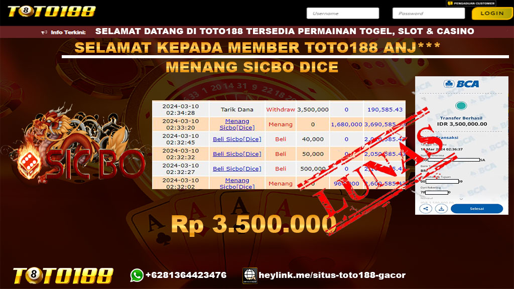 Bukti Jp Kemenangan Sicbo Dice Toto188 10 Maret 2024