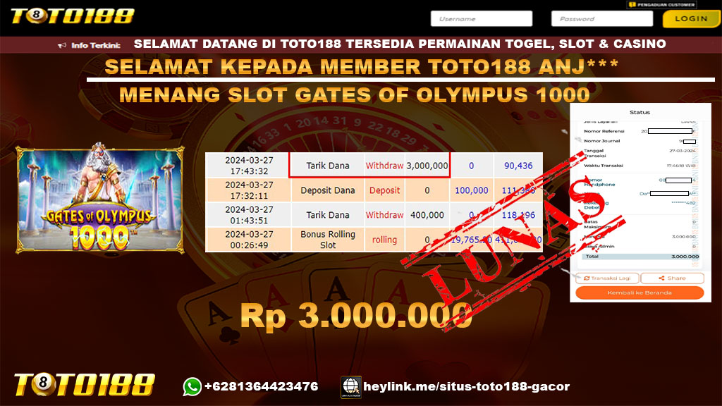 Bukti Jp Kemenangan Gates Of Olympus 1000 Toto188 27 Maret 2024