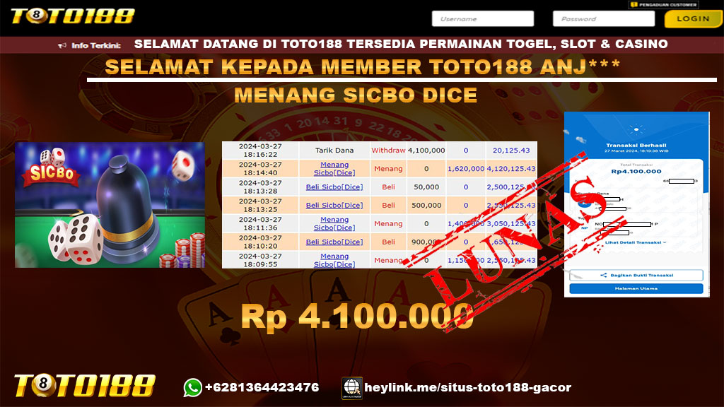 Bukti Jp Kemenangan Sicbo Dice Toto188 27 Maret 2024