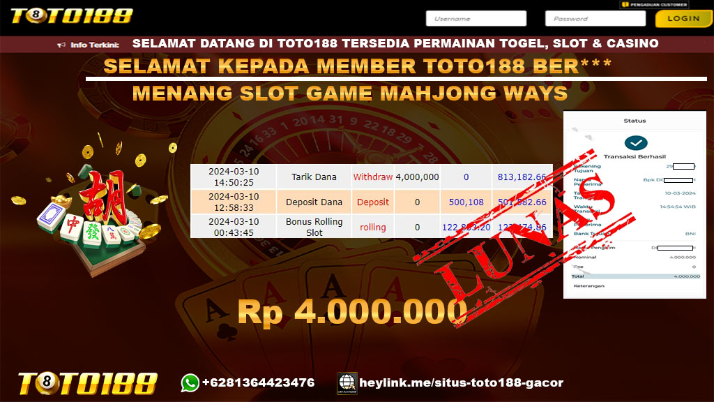 Bukti Jp Kemenangan mahjong Ways toto188 10 Maret 24