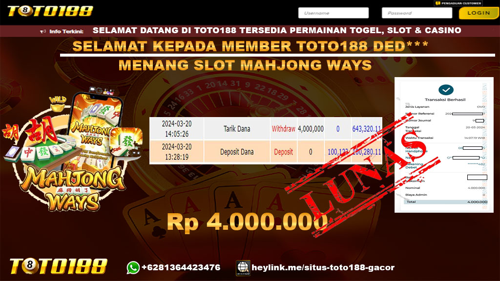 Bukti Jp Kemenangan Mahjong Ways Toto188 20 Maret 2024