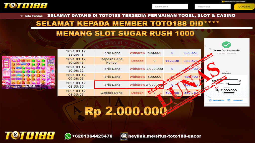 Bukti jp Kemenangan Sugar Rush Toto188 12 maret 24
