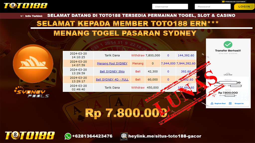 Bukti Jp Kemenangan Togel Pasaran SDyney Toto188 20 Maret 2024