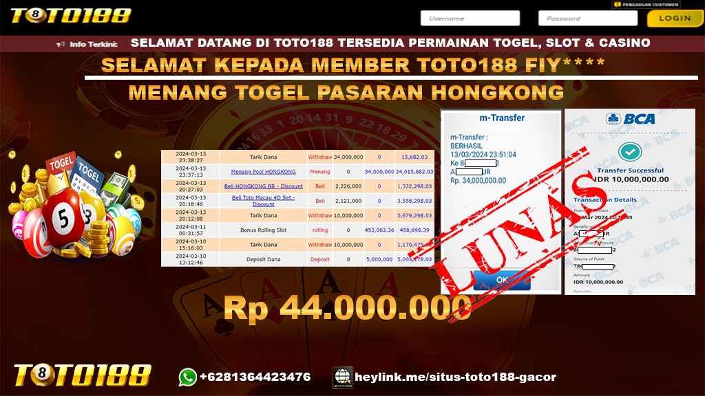 Bukti Jp Kemenangan Togel Pasaran Hongkong Toto188 13 Maret 2024