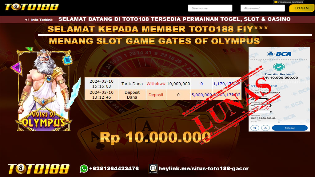 Bukti Jp Kemenangan gates Of Olympus Toto188 10 Maret 2024