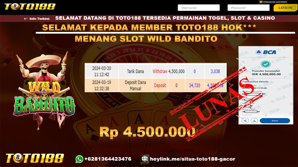 Bukti Jp Kemenangan Wild Bandito Toto188 20 Maret 2024