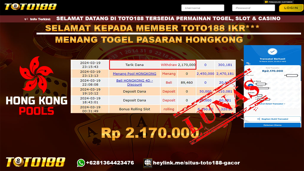Bukti Jp Kemenangan Togel Pasaran Hongkong Toto188 19 Maret 2024