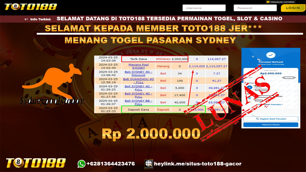 Bukti Jp kemenangan Togel Pasaran Sydney Toto188 25 Maret 2024