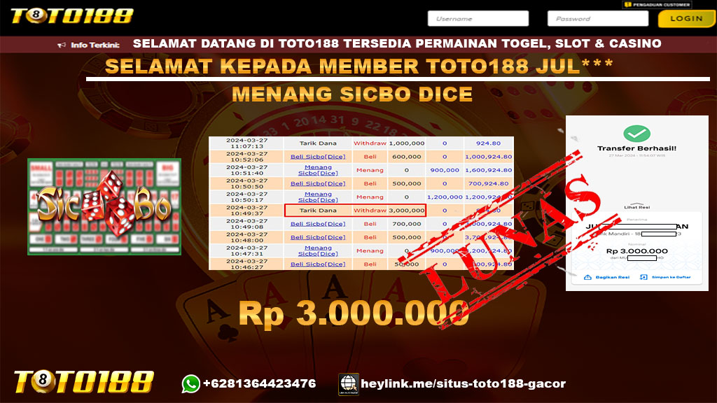 Bukti Jp kemenangan sicbo dice toto188 27 maret 2024