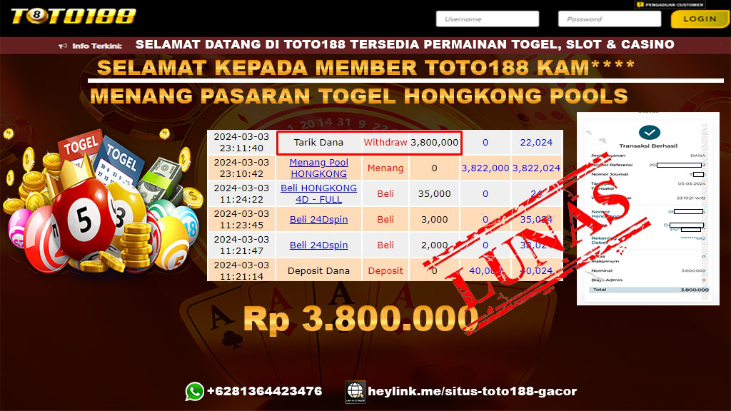 Bukti Jp Kemenangan Pasaran Togel Hongkong Toto188 3 Maret 24