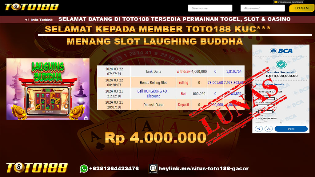 Bukti Jp Kemenangan Laughing Buddha Toto188 22 Maret 2024