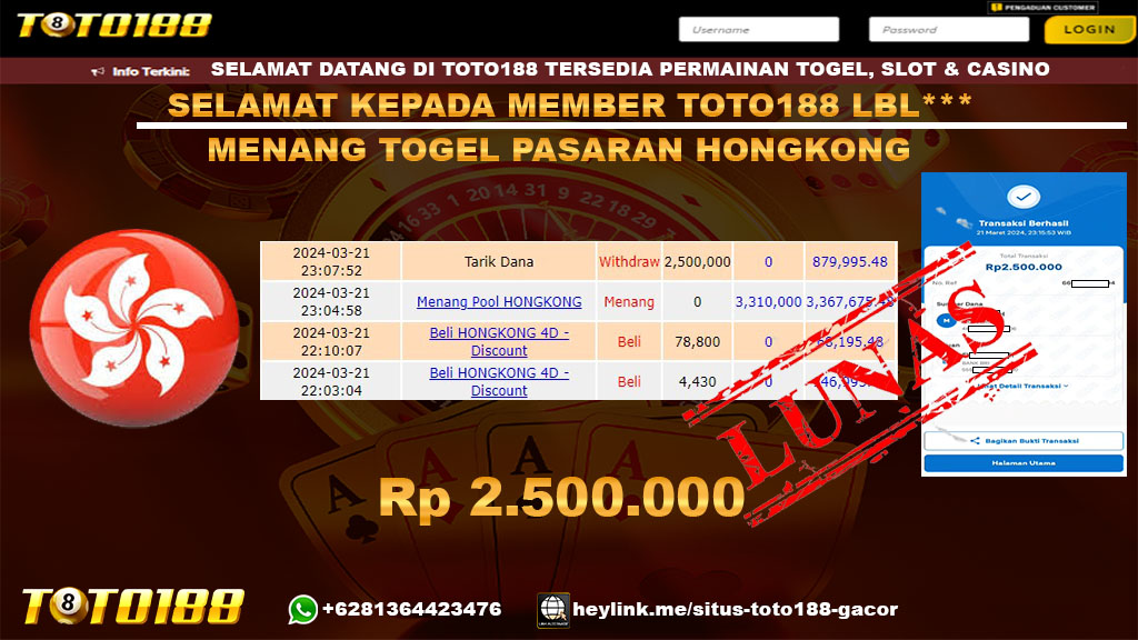 Bukti Jp Kemenangan Togel Pasaran Hongkong Toto188 21 Maret 2024