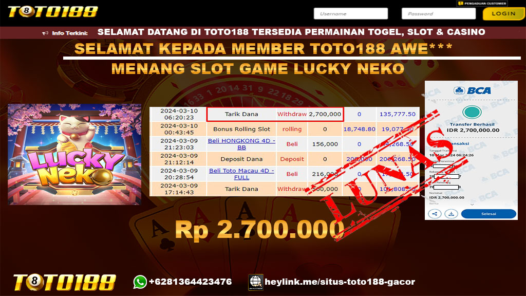 Bukti Jp Kemenangan Lucky Neko Toto188 10 Maret 2024