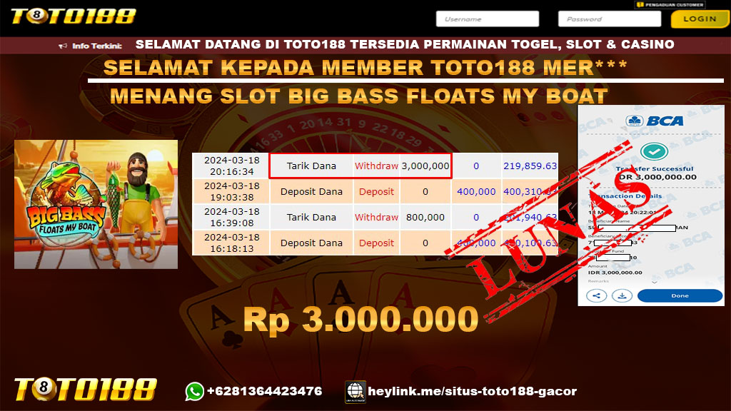 Bukti Jp Kemenangan Big Bass Floats My Boat Toto188 18 Maret 2024