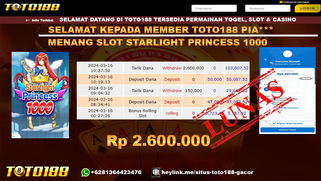 Bukti Jp Kemenangan Starlight Princess 1000 Toto188 16 Maret 2024