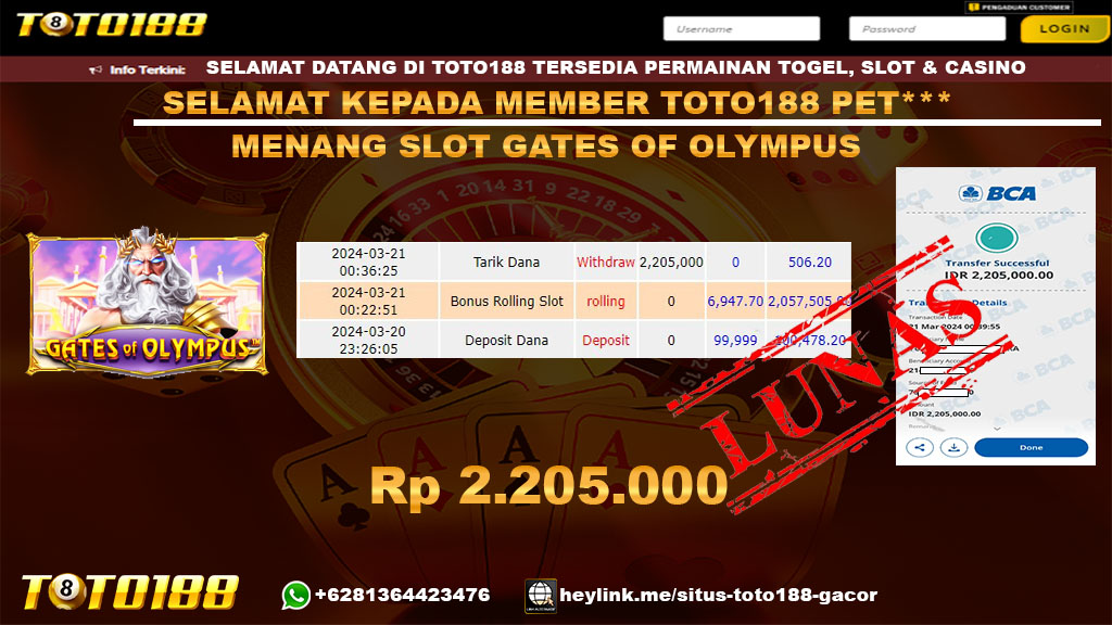Bukti Jp Kemenangan Gates Of Olympus Toto188 21 Maret 2024