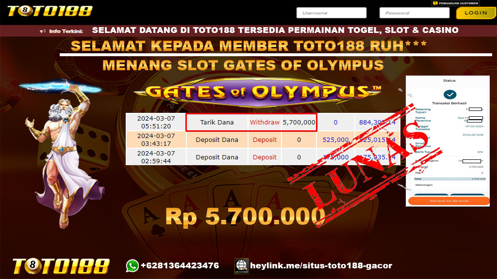 Bukti Jp Kemenangan Gates Of Olympus Toto188 07 Maret 2024