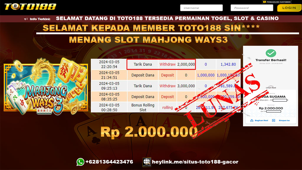 Bukti Jp Kemenangan Mahjong Ways3 Toto188 5Maret2024