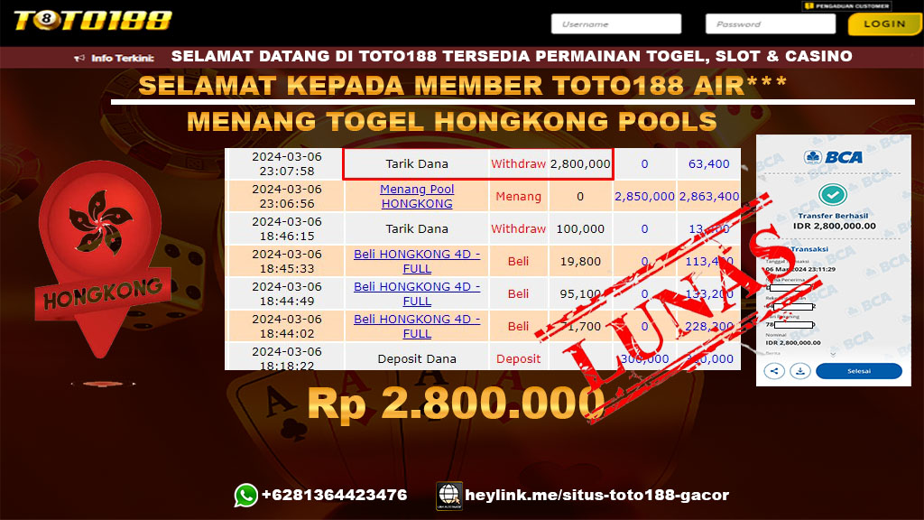 Bukti Jp Kemenangan Togel Pasaran Hongkong Toto188 6 Maret 2024