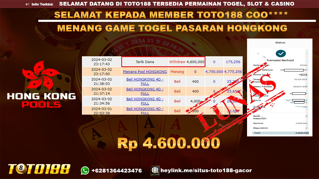 Bukti Jp Kemenangan Toto188 Pasaran Hongkong Pools 02 Maret 2024