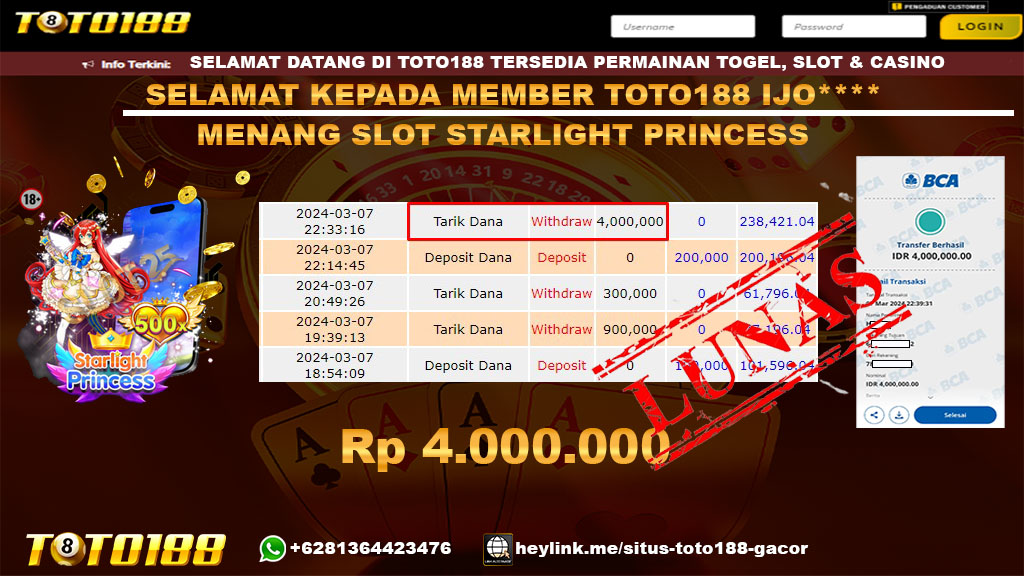 Bukti Jp Kemenangan Starlight Princess Toto188 7 Maret 2024