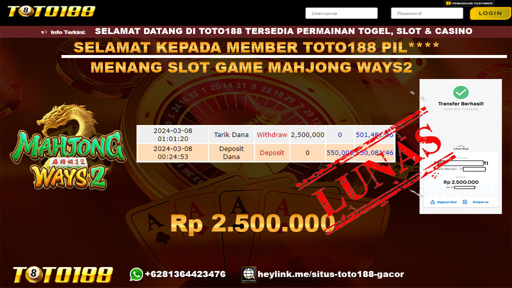Bukti Jp Kemenangan Toto188 Mahjong Ways2 7 maret 2024