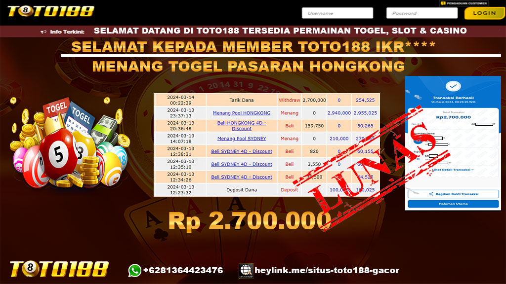 Bukti Jp Kemenangan Togel pasaran hongkong toot188 14 maret 2024