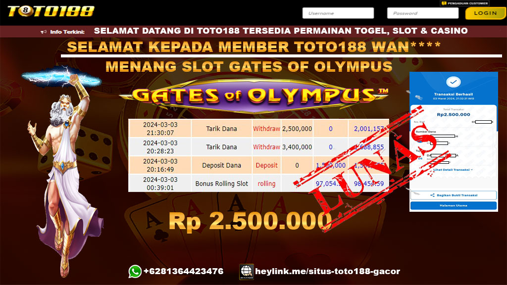 Bukti Jp Kemenangan GAtes Of Olympus Toto188 03 Maret 24