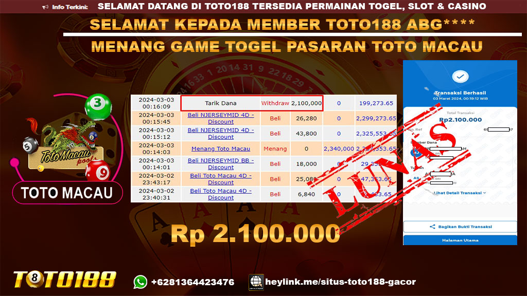 Bukti Jp Kemenangan Toto macau Toto188 03 Maret 24