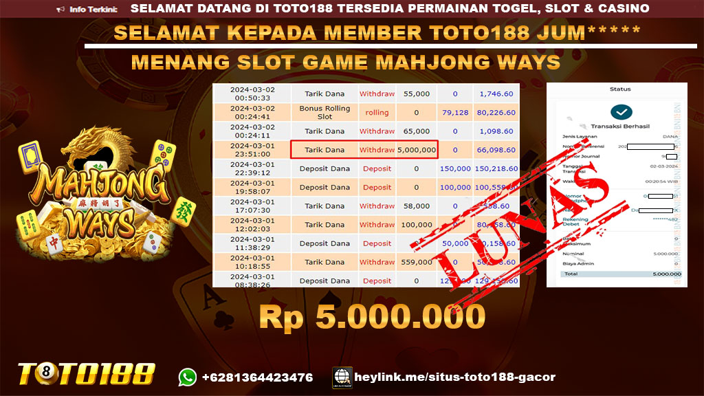 Bukti Jp Kemenangan Toto188 Mahjong ways 02 maret 24