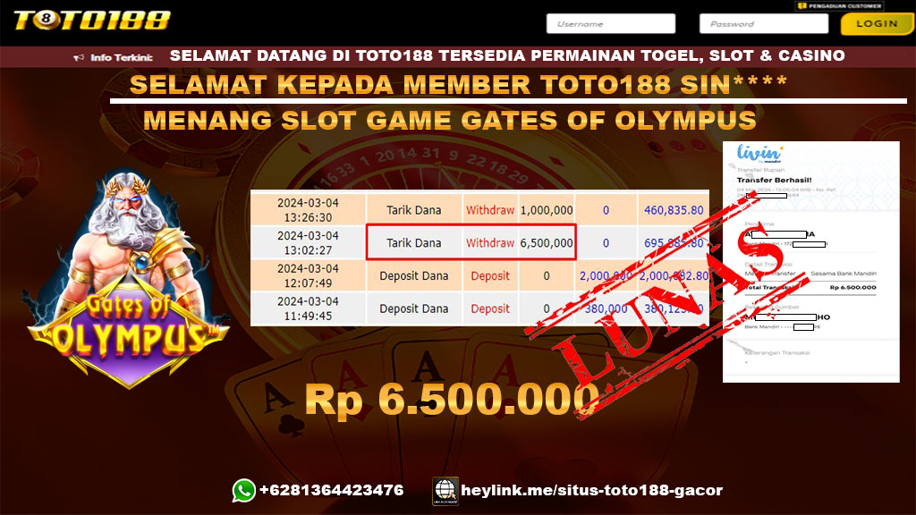 Bukti Kemenangan Slot Game Gates Of Olympus Toto188 04 Maret 2024
