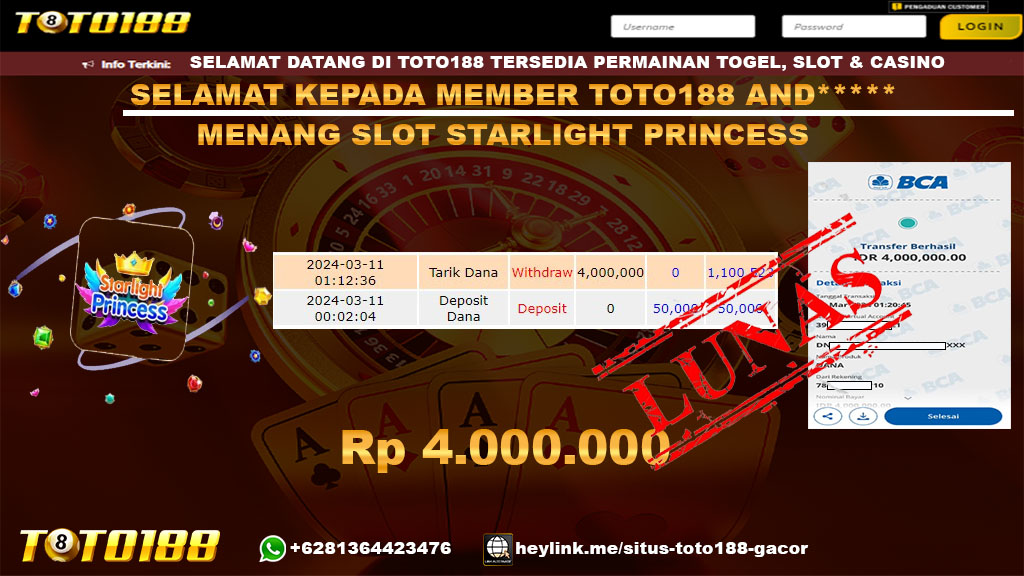 Bukti Jp Kemenangan Starlight Princess Toto188 11 Maret 2024