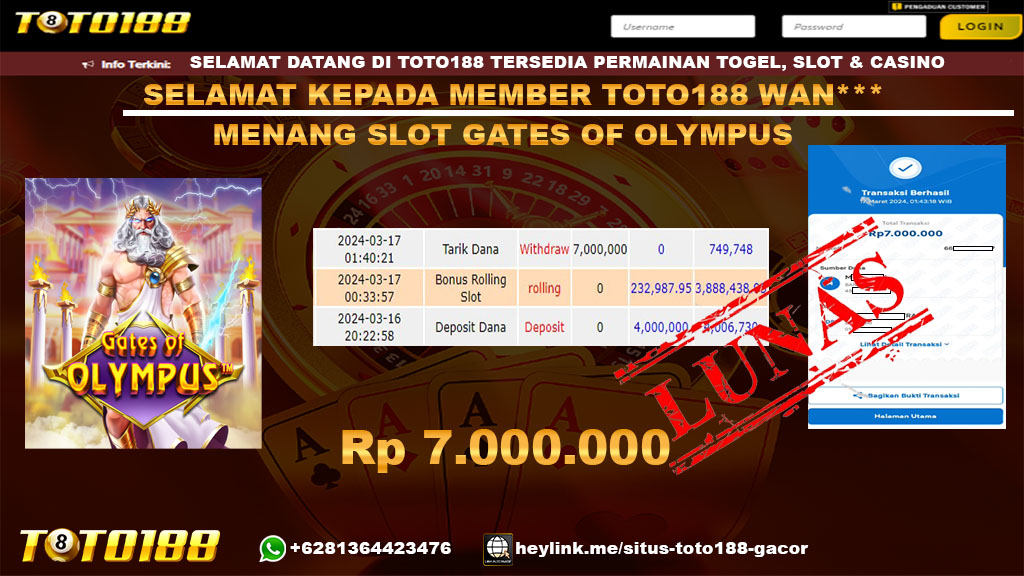 Bukti Jp Kemenangan Gates Of Olympus Toto188 17 Maret 2024