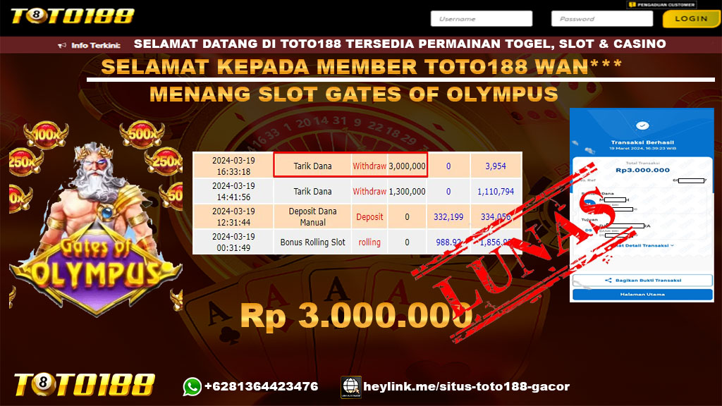 Bukti Jp Kemenangan Slot Gates Of Olympus Toto188 19 Maret 2024