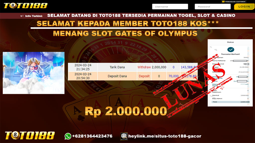 Bukti Jp Kemenangan Gates Of Olympus Toto188 24Maret2024
