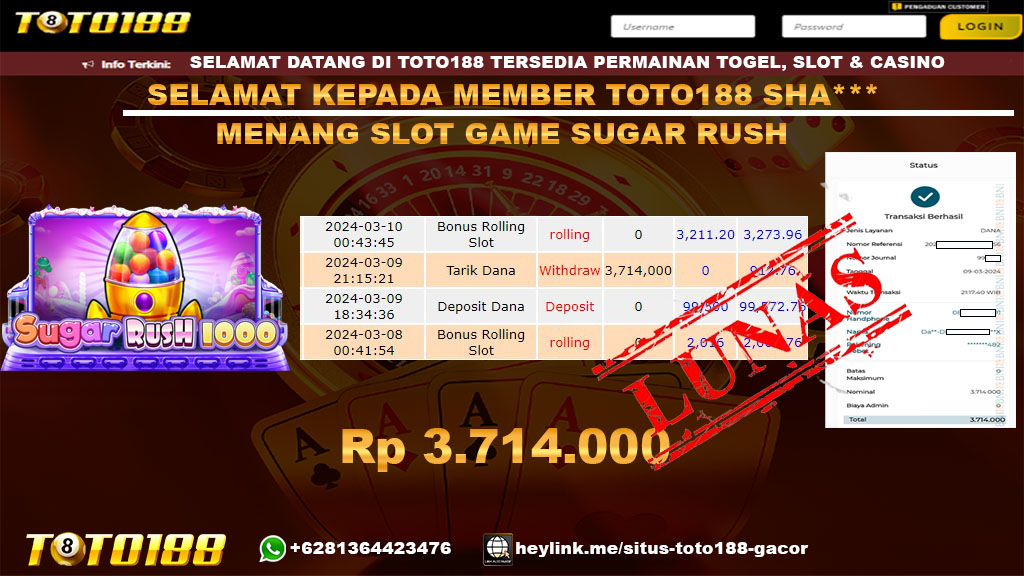 Bukti jp Kemenangan Sugar Rush Toto188 9 maret 2024