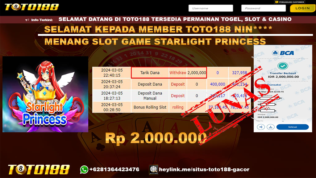 Bukti Jp Kemenangan Toto188 Starlight PRincess 5 maret 24