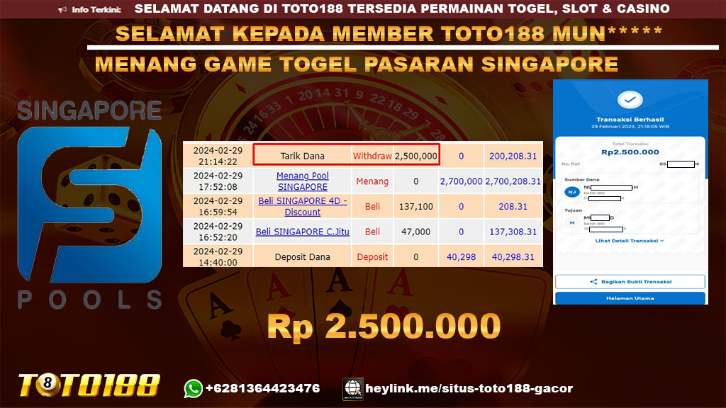 Bukti Jp Kemenangan Toto188 Singapore Pools 29 Februari 2024