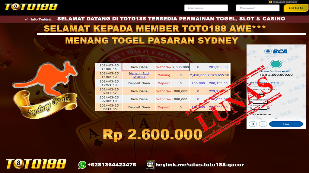Bukti Jp Kemenangan Togel Pasaran Sydney Toto188 25 Maret 2024