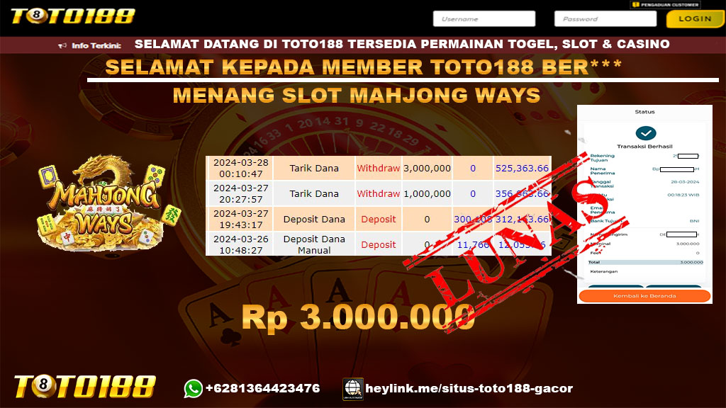 Bukti Jp Kemenangan Mahjong Ways Toto188 28 Maret 2024