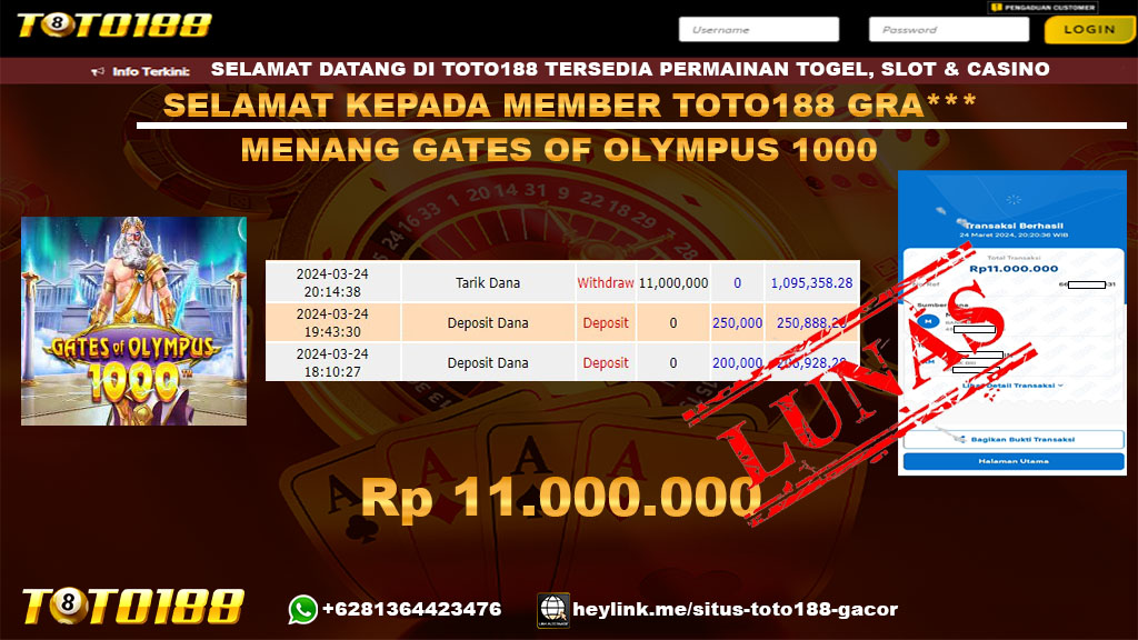 Bukti Jp Kemenangan gates Of Olympus1000 Toto188 24 Maret 2024