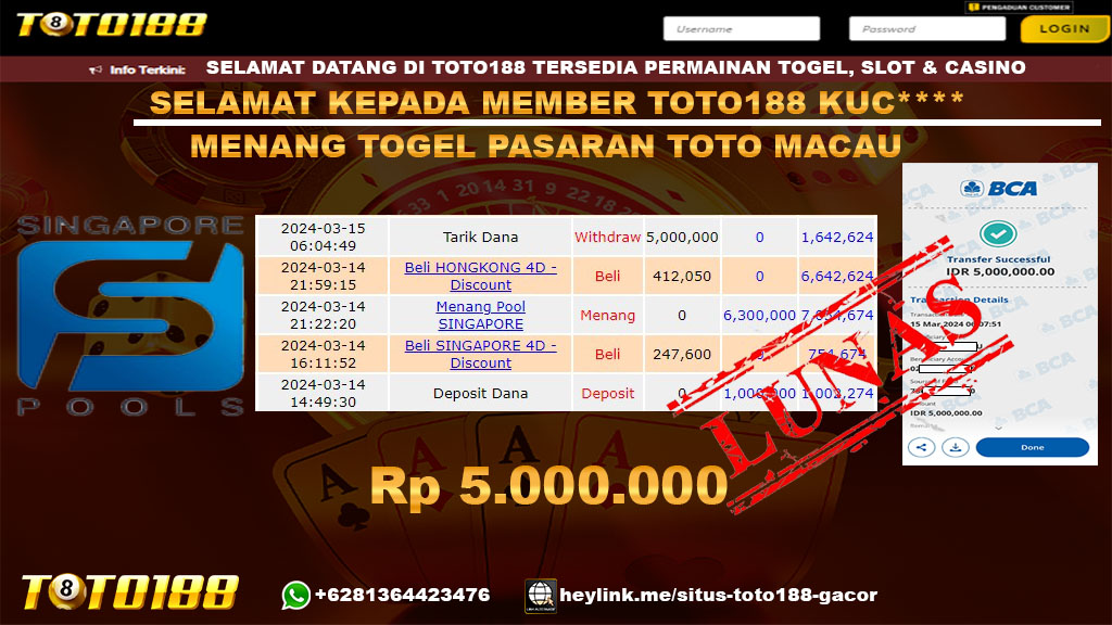 Bukti Jp Kemenangan Togel Pasaran Singapore Toto188 15 Maret 2024
