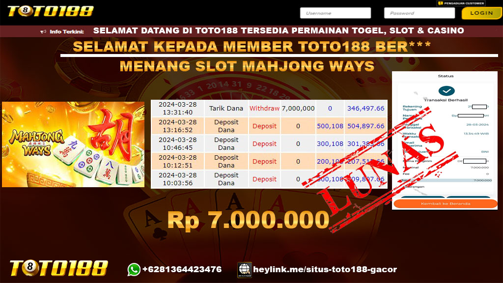 Bukti Jp Kemenangan Mahjong Ways Toto188 28 Maret 2024